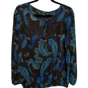 Lucky Brand Blue Paisley 3/4 Sleeve Relaxed Blouse